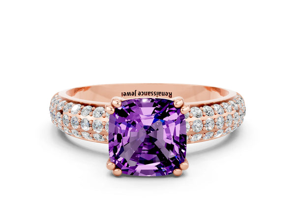 Rose gold Cushion Cut Amethyst Solitaire Ring with Multi-Row Round Pavé Band and Prong Setting