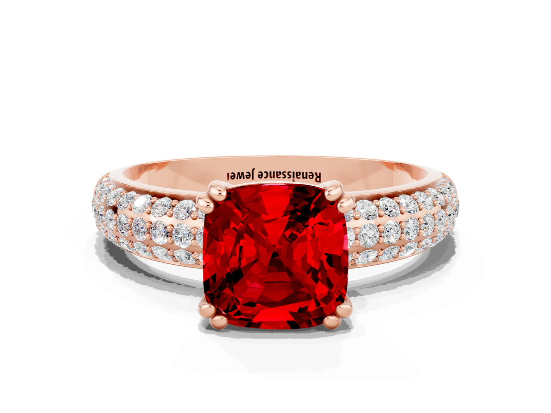 Rose gold Cushion Cut Cut Pave Diamond Engagement Ring with Channel Set Band and Four-Prong Setting