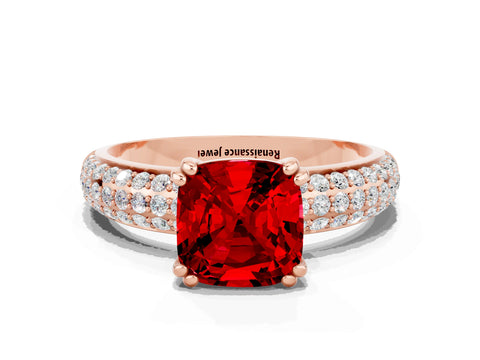 Rose gold Cushion Cut Cut Pave Diamond Engagement Ring with Channel Set Band and Four-Prong Setting