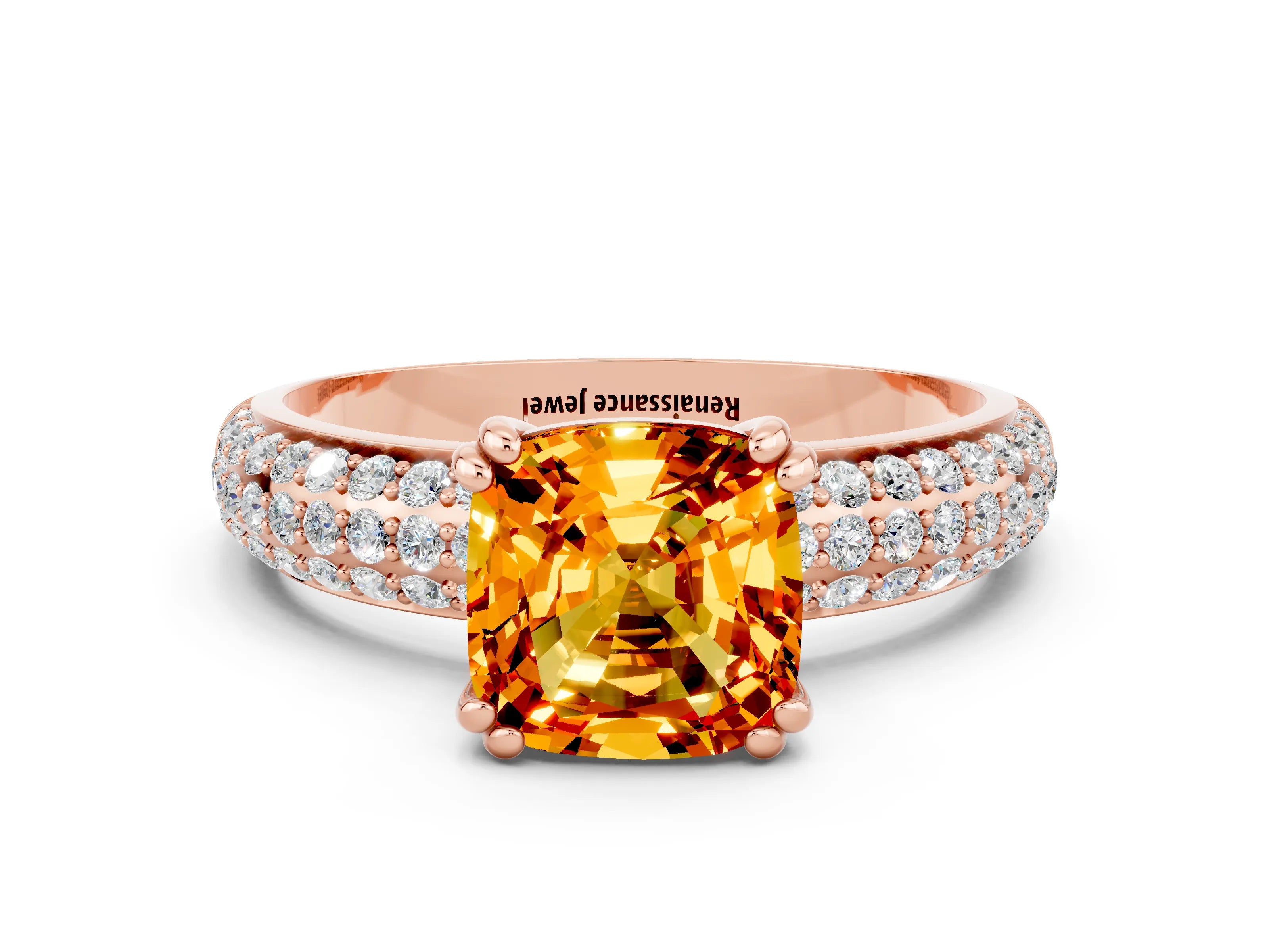 Rose gold Cushion Cut Cut Pave Diamond Engagement Ring with Channel Set Band and Four-Prong Setting
