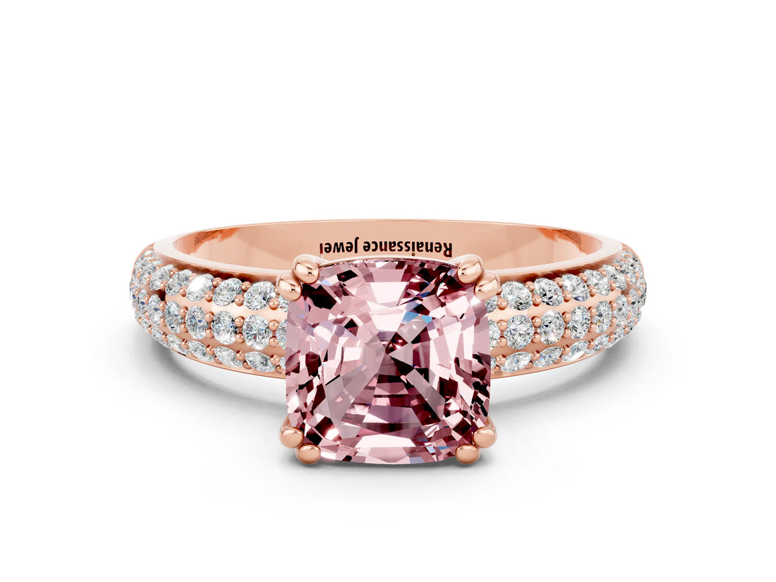 Rose gold Cushion Cut Cut Pave Diamond Engagement Ring with Channel Set Band and Four-Prong Setting