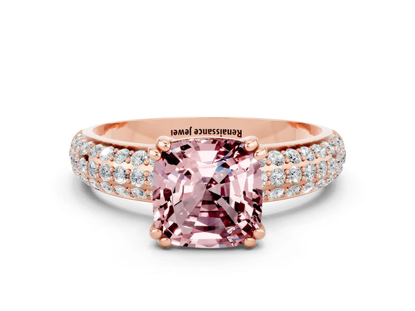 Rose gold Cushion Cut Cut Pave Diamond Engagement Ring with Channel Set Band and Four-Prong Setting