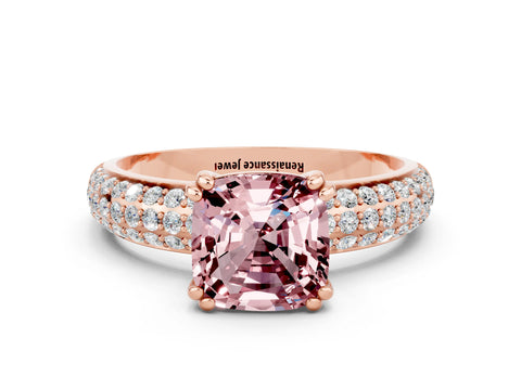 Rose gold Cushion Cut Cut Pave Diamond Engagement Ring with Channel Set Band and Four-Prong Setting
