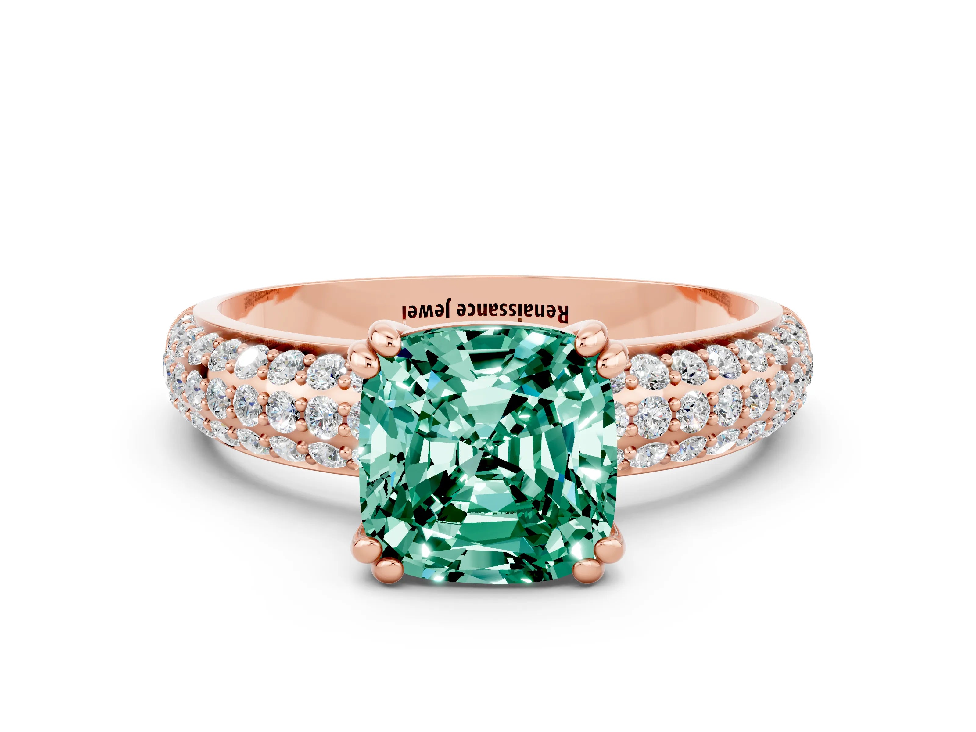 Rose gold Cushion Cut Cut Pave Diamond Engagement Ring with Channel Set Band and Four-Prong Setting