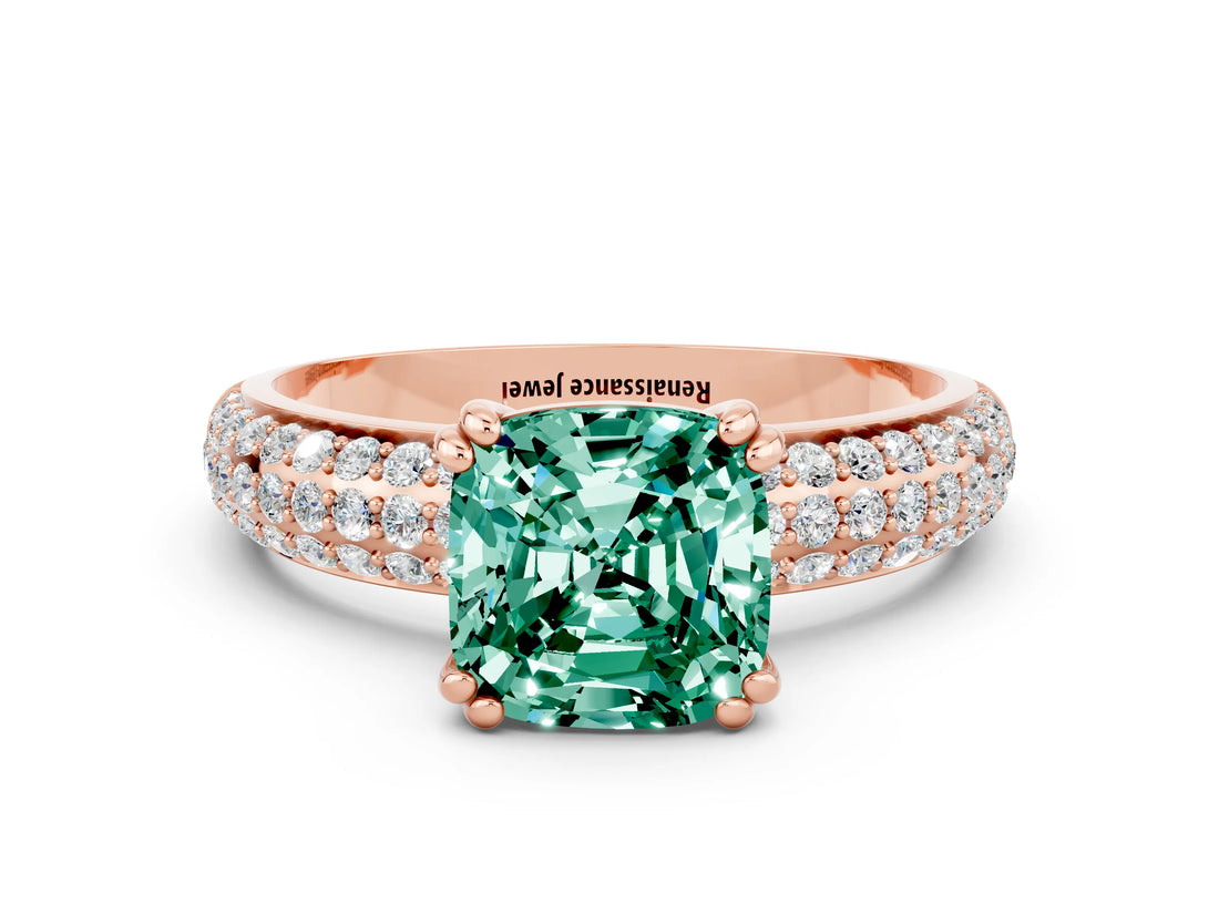 Rose gold Cushion Cut Cut Pave Diamond Engagement Ring with Channel Set Band and Four-Prong Setting