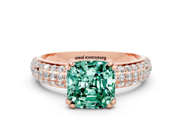 Rose gold Cushion Cut Green Sapphire Solitaire Ring with Multi-Row Round Pavé Band and Prong Setting
