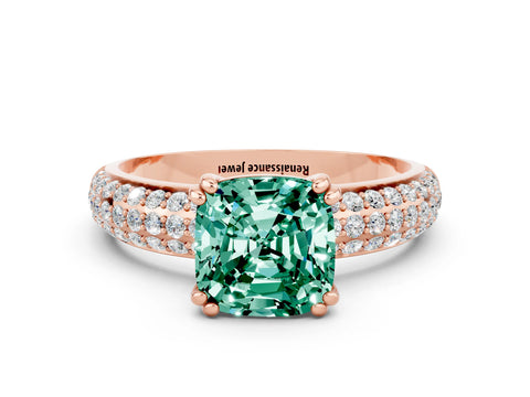 Rose gold Cushion Cut Cut Pave Diamond Engagement Ring with Channel Set Band and Four-Prong Setting