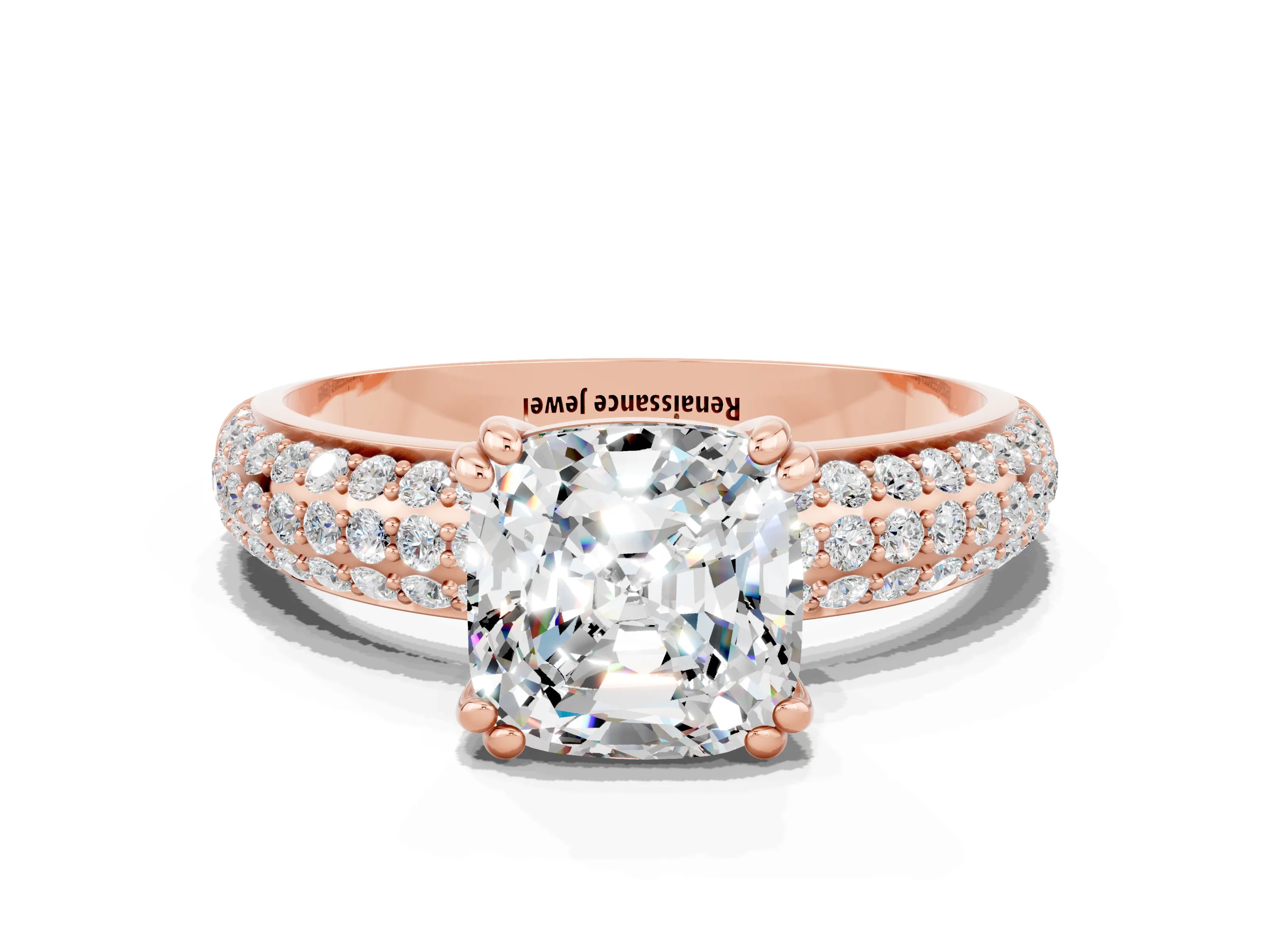 Rose gold Cushion Cut Cut Pave Diamond Engagement Ring with Channel Set Band and Four-Prong Setting