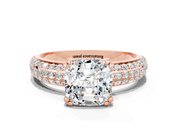 Rose gold Cushion Cut Moissanite Solitaire Ring with Multi-Row Round Pavé Band and Prong Setting