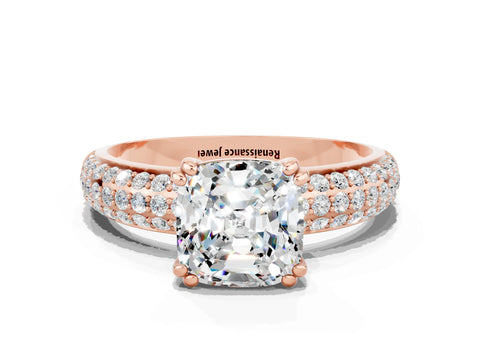 Rose gold Cushion Cut Cut Pave Diamond Engagement Ring with Channel Set Band and Four-Prong Setting