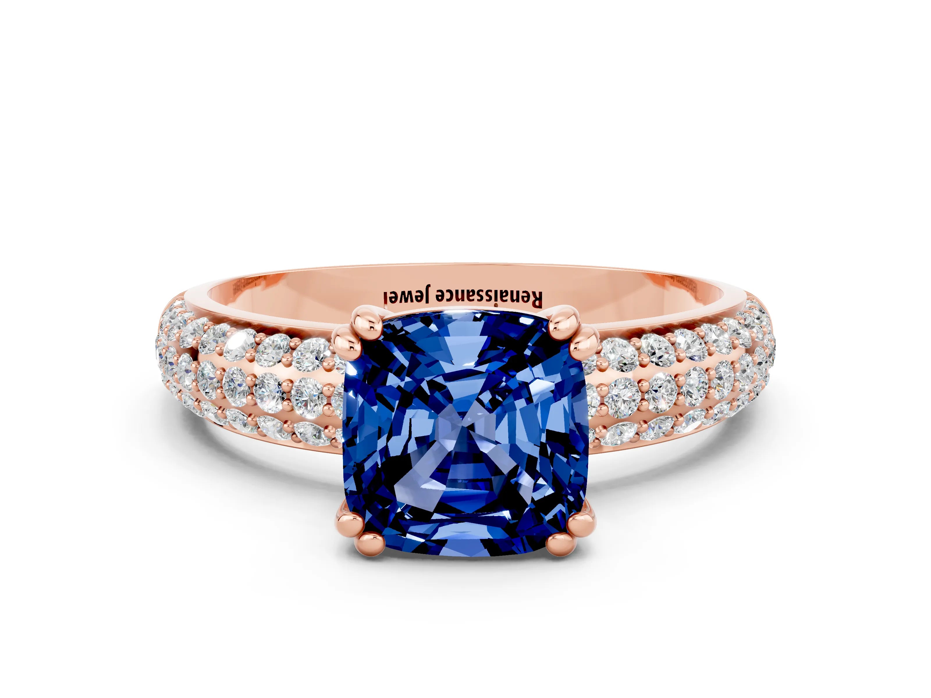 Rose gold Cushion Cut Cut Pave Diamond Engagement Ring with Channel Set Band and Four-Prong Setting