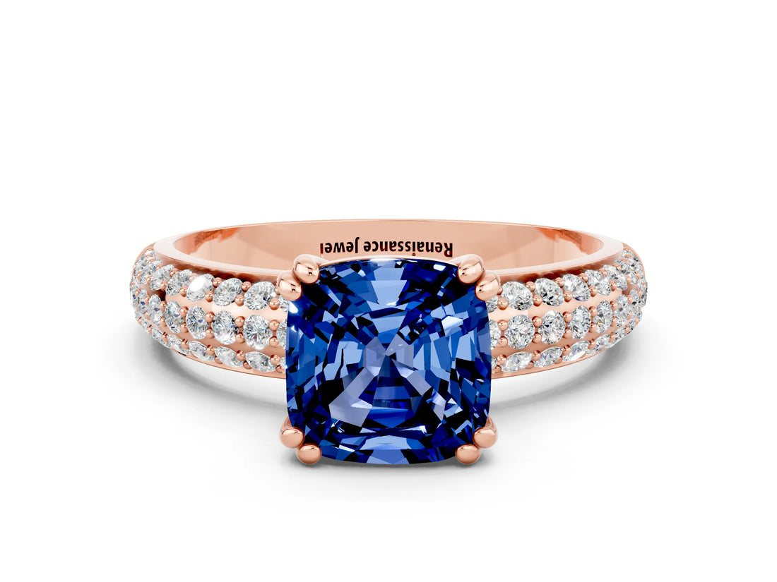 Rose gold Cushion Cut Cut Pave Diamond Engagement Ring with Channel Set Band and Four-Prong Setting