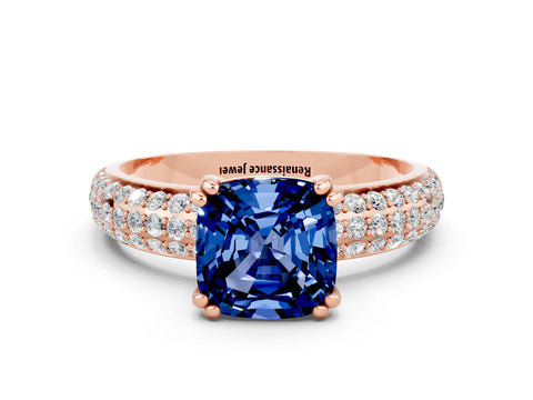 Rose gold Cushion Cut Cut Pave Diamond Engagement Ring with Channel Set Band and Four-Prong Setting