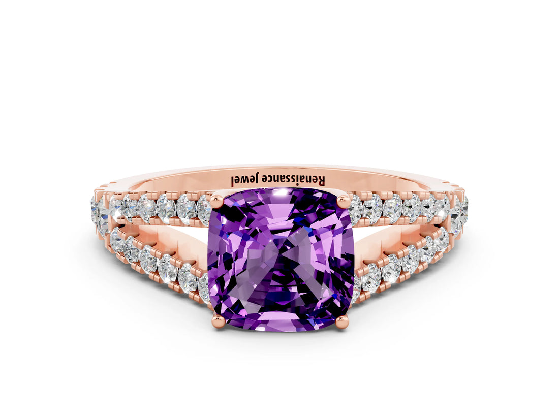Rose gold Cushion Cut Cut Split Shank Pave Diamond Engagement Ring with Four-Prong Setting