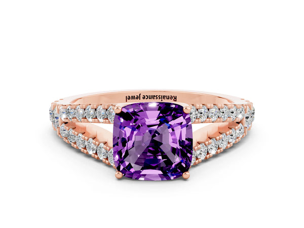 Rose gold Cushion Cut Amethyst Split Shank Engagement Ring with Round Pavé and Prong Setting