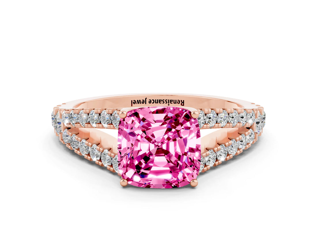 Rose gold Cushion Cut Cut Split Shank Pave Diamond Engagement Ring with Four-Prong Setting