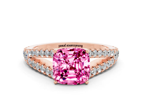 Rose gold Cushion Cut Cut Split Shank Pave Diamond Engagement Ring with Four-Prong Setting