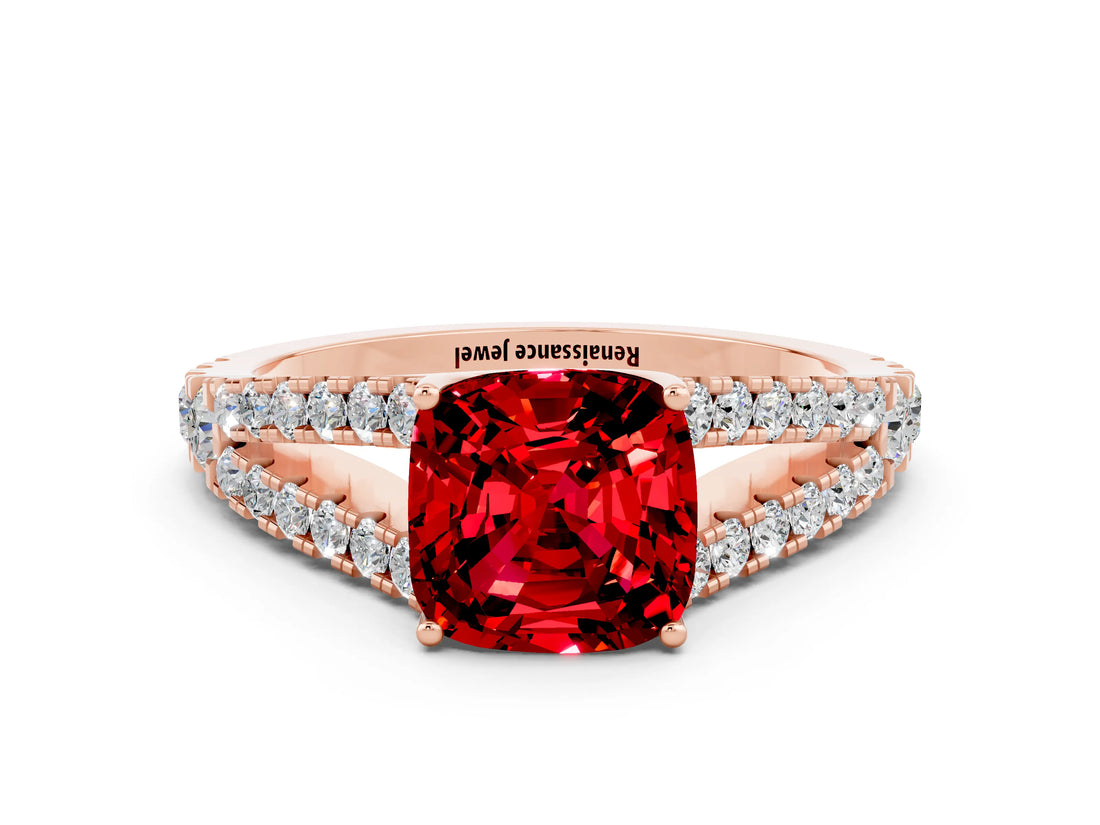Rose gold Cushion Cut Cut Split Shank Pave Diamond Engagement Ring with Four-Prong Setting
