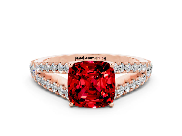 Rose gold Cushion Cut Ruby Split Shank Engagement Ring with Round Pavé and Prong Setting