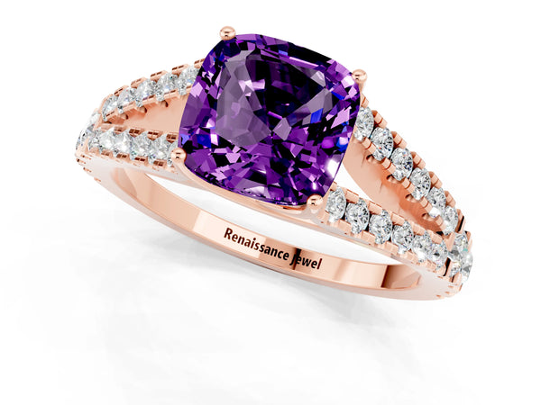Rose gold Cushion Cut Amethyst Split Shank Engagement Ring with Round Pavé and Prong Setting