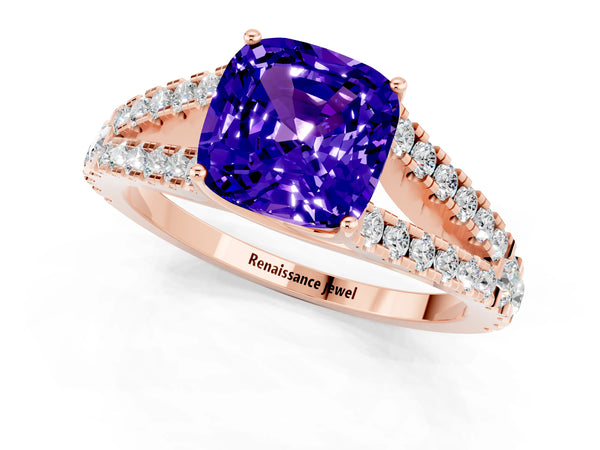 Rose gold Cushion Cut Tanzanite Split Shank Engagement Ring with Round Pavé and Prong Setting