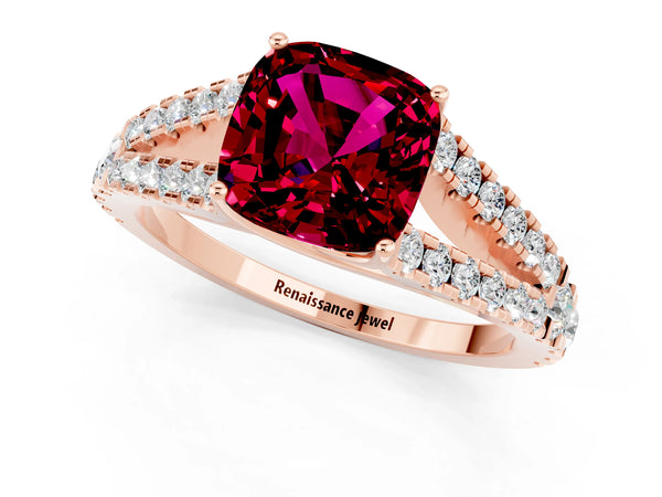Rose gold Cushion Cut Garnet Split Shank Engagement Ring with Round Pavé and Prong Setting