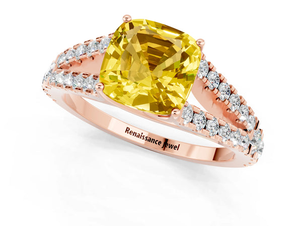 Rose gold Cushion Cut Yellow Sapphire Split Shank Engagement Ring with Round Pavé and Prong Setting