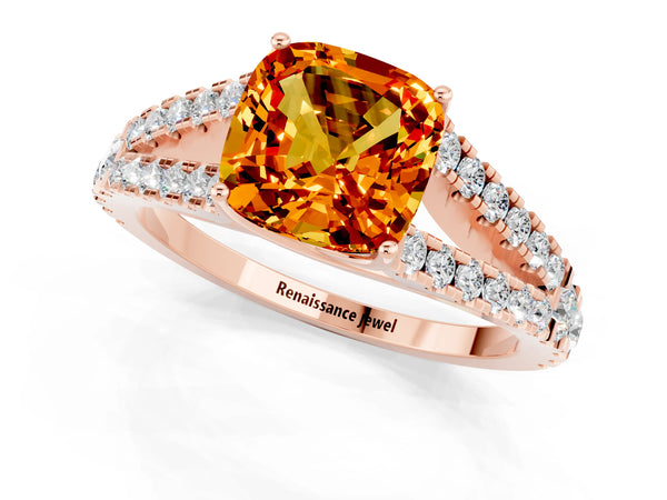 Rose gold Cushion Cut Citrine Split Shank Engagement Ring with Round Pavé and Prong Setting