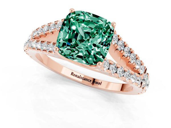 Rose gold Cushion Cut Green Sapphire Split Shank Engagement Ring with Round Pavé and Prong Setting