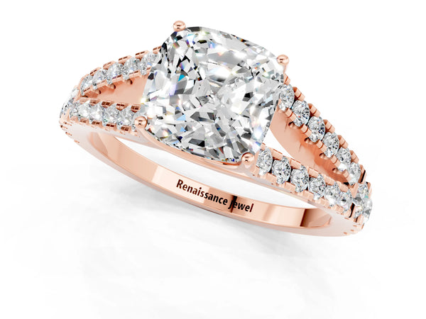 Rose gold Cushion Cut Moissanite Split Shank Engagement Ring with Round Pavé and Prong Setting