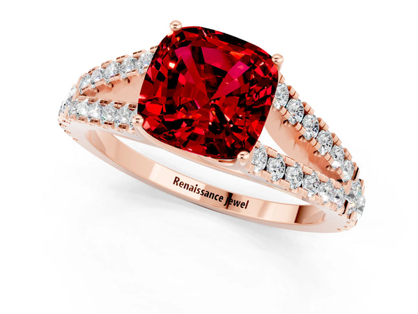 Rose gold Cushion Cut Ruby Split Shank Engagement Ring with Round Pavé and Prong Setting