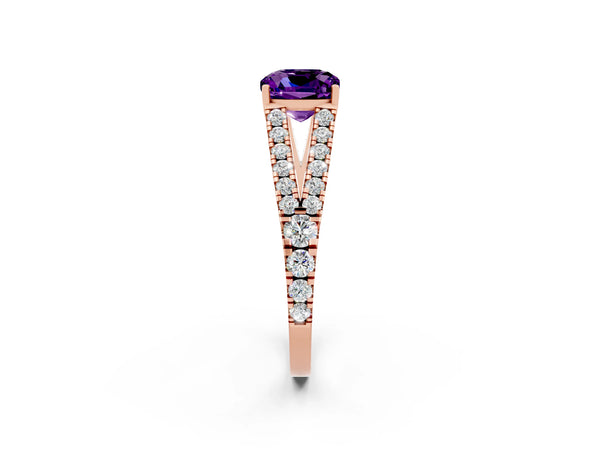 Rose gold Cushion Cut Amethyst Split Shank Engagement Ring with Round Pavé and Prong Setting