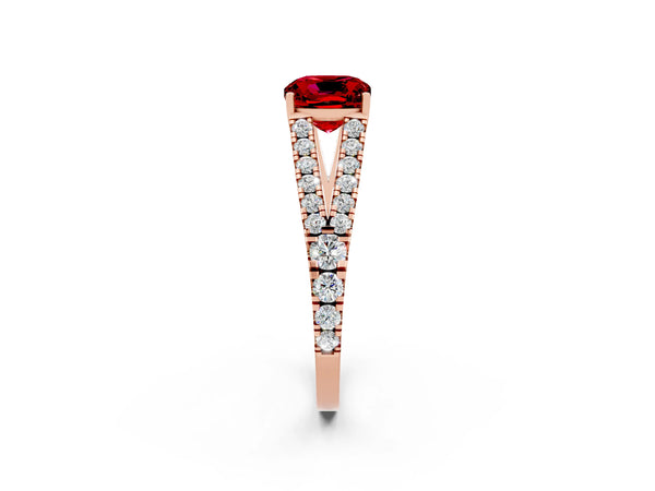 Rose gold Cushion Cut Ruby Split Shank Engagement Ring with Round Pavé and Prong Setting