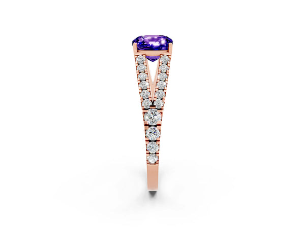 Rose gold Cushion Cut Tanzanite Split Shank Engagement Ring with Round Pavé and Prong Setting