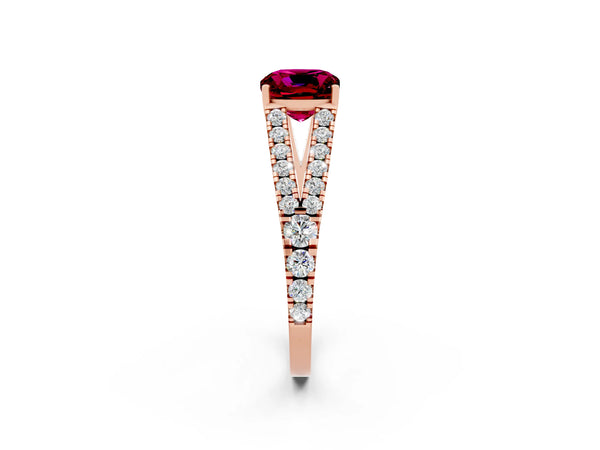 Rose gold Cushion Cut Garnet Split Shank Engagement Ring with Round Pavé and Prong Setting