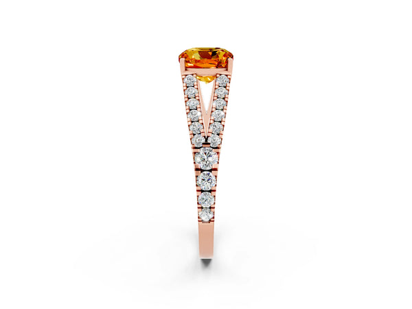 Rose gold Cushion Cut Citrine Split Shank Engagement Ring with Round Pavé and Prong Setting