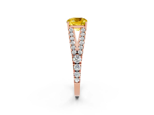 Rose gold Cushion Cut Yellow Sapphire Split Shank Engagement Ring with Round Pavé and Prong Setting