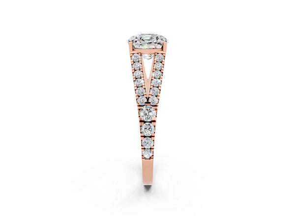 Rose gold Cushion Cut Moissanite Split Shank Engagement Ring with Round Pavé and Prong Setting