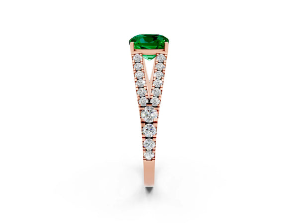 Rose gold Cushion Cut Emerald Split Shank Engagement Ring with Round Pavé and Prong Setting