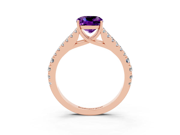 Rose gold Cushion Cut Amethyst Split Shank Engagement Ring with Round Pavé and Prong Setting