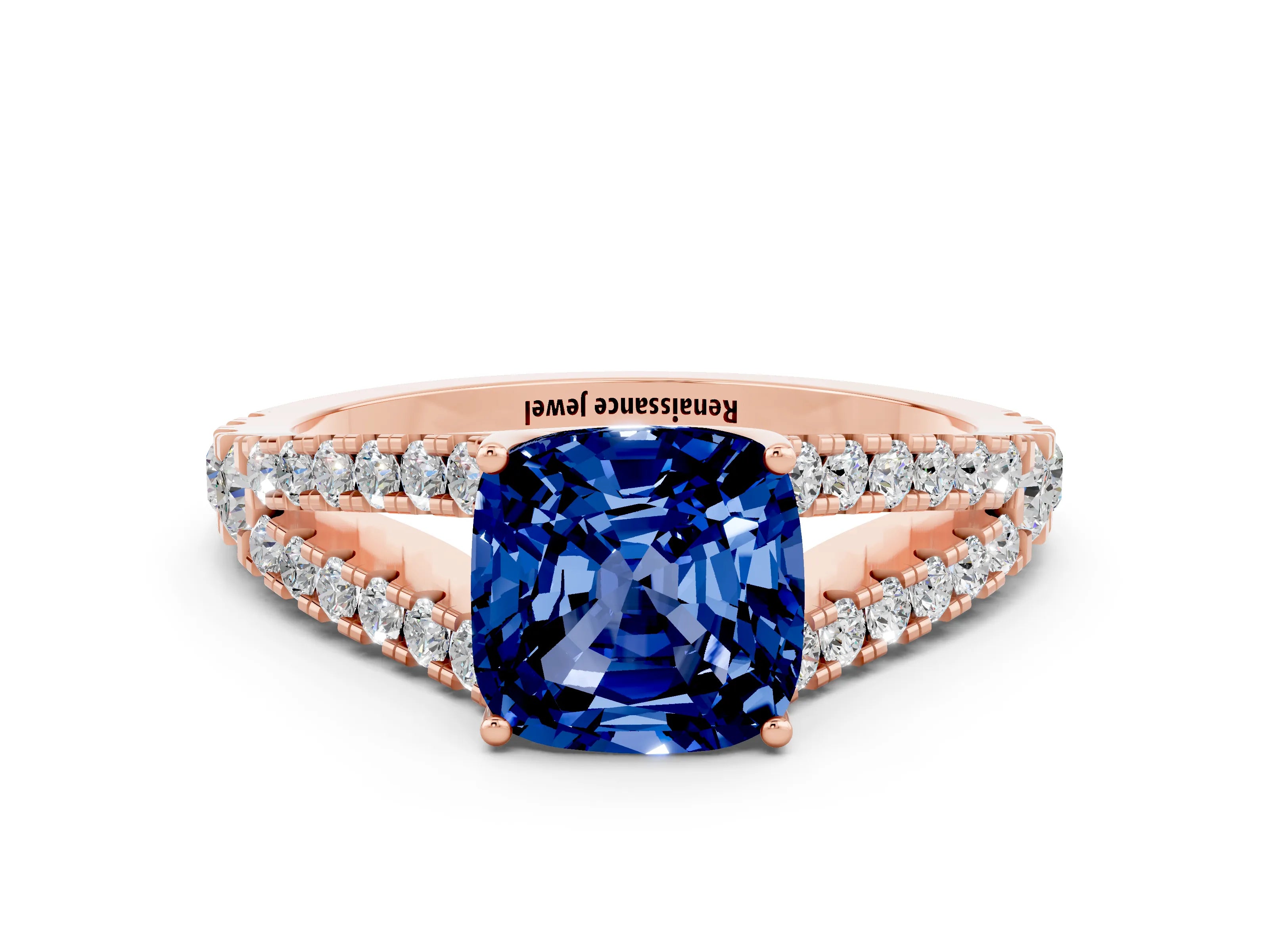 Rose gold Cushion Cut Cut Split Shank Pave Diamond Engagement Ring with Four-Prong Setting