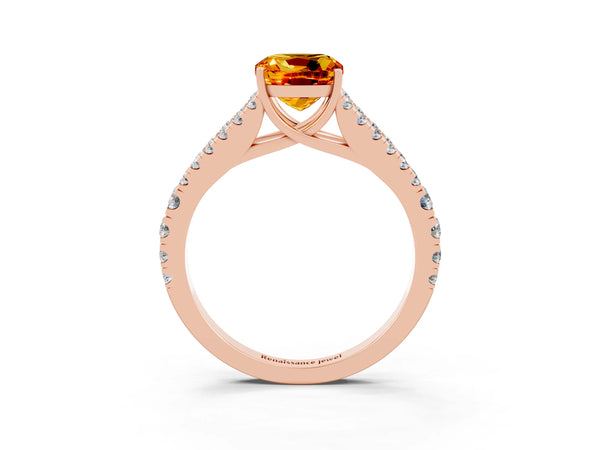 Rose gold Cushion Cut Citrine Split Shank Engagement Ring with Round Pavé and Prong Setting