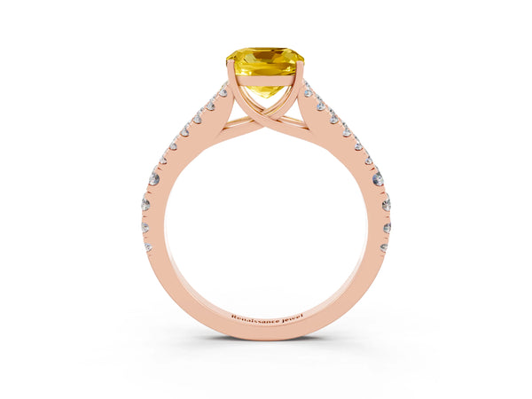 Rose gold Cushion Cut Yellow Sapphire Split Shank Engagement Ring with Round Pavé and Prong Setting