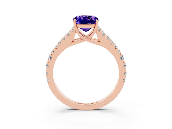 Rose gold Cushion Cut Tanzanite Split Shank Engagement Ring with Round Pavé and Prong Setting