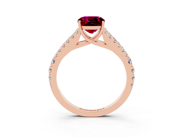 Rose gold Cushion Cut Garnet Split Shank Engagement Ring with Round Pavé and Prong Setting