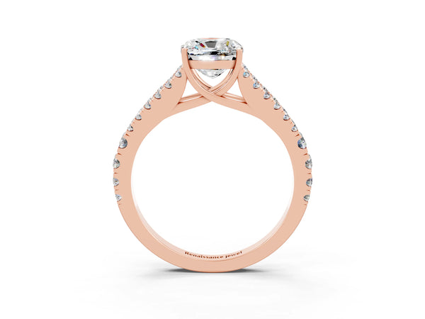 Rose gold Cushion Cut Moissanite Split Shank Engagement Ring with Round Pavé and Prong Setting