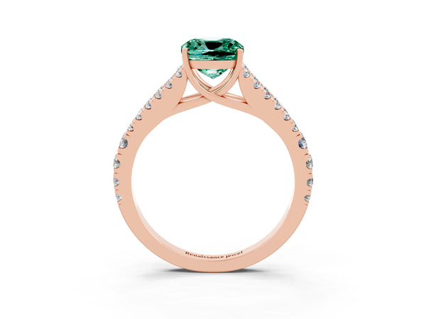 Rose gold Cushion Cut Green Sapphire Split Shank Engagement Ring with Round Pavé and Prong Setting