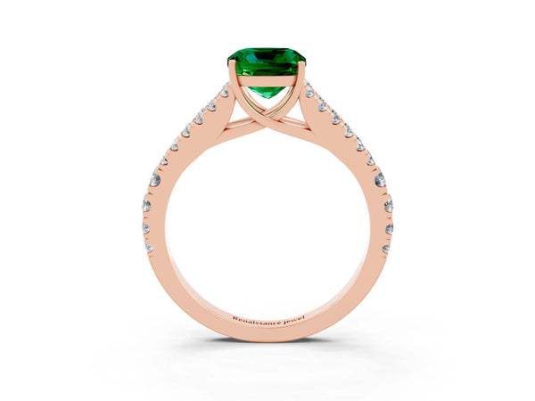 Rose gold Cushion Cut Emerald Split Shank Engagement Ring with Round Pavé and Prong Setting