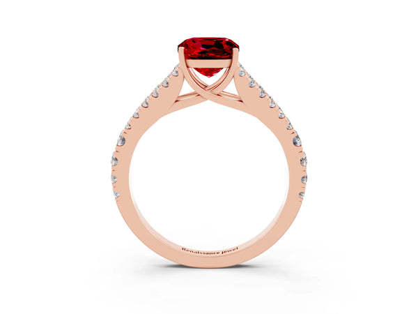 Rose gold Cushion Cut Ruby Split Shank Engagement Ring with Round Pavé and Prong Setting