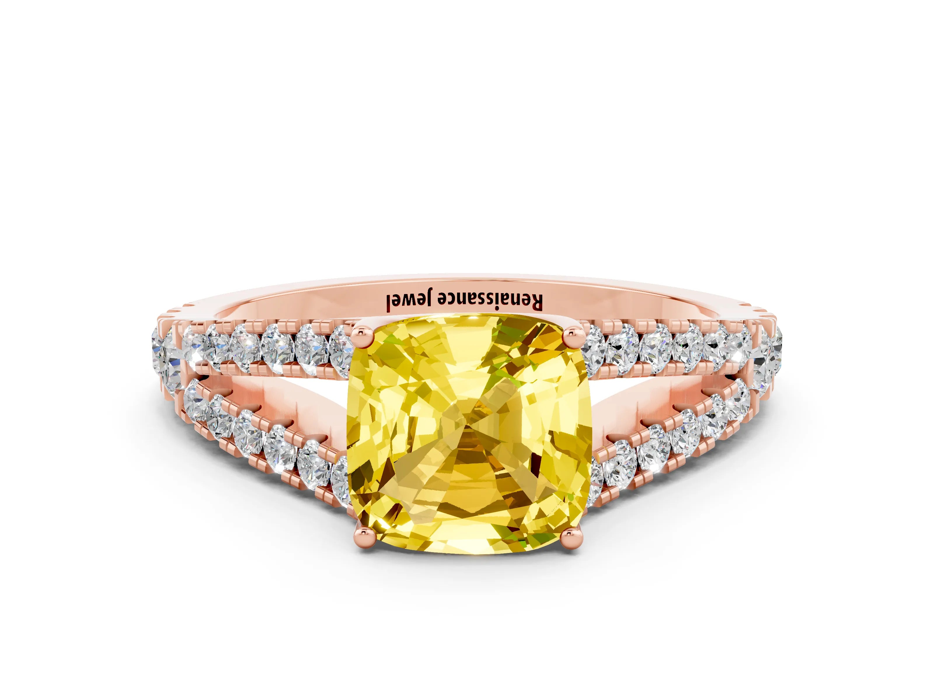 Rose gold Cushion Cut Cut Split Shank Pave Diamond Engagement Ring with Four-Prong Setting